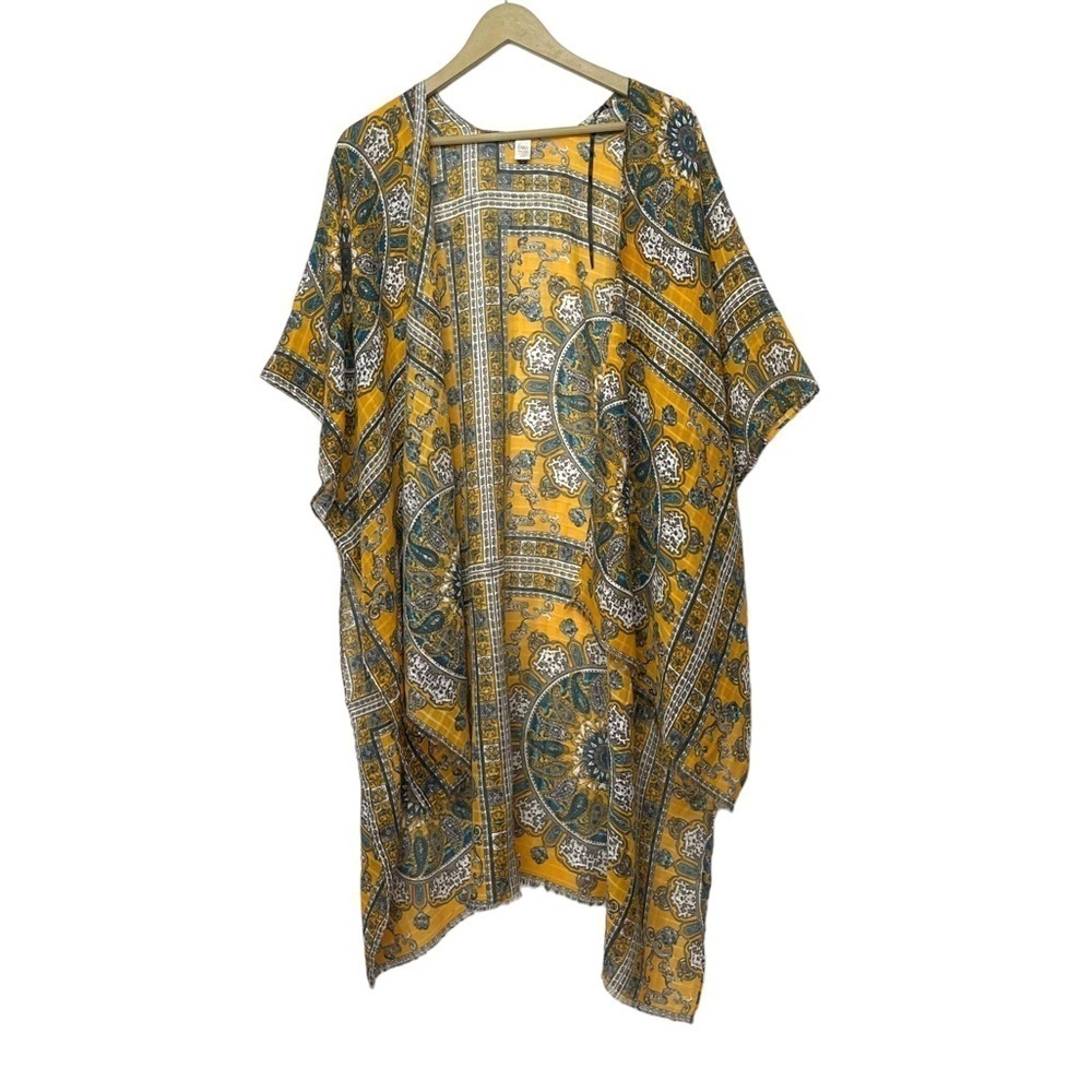 Cato Yellow‎ Blue White Paisley Print Kimono One Size